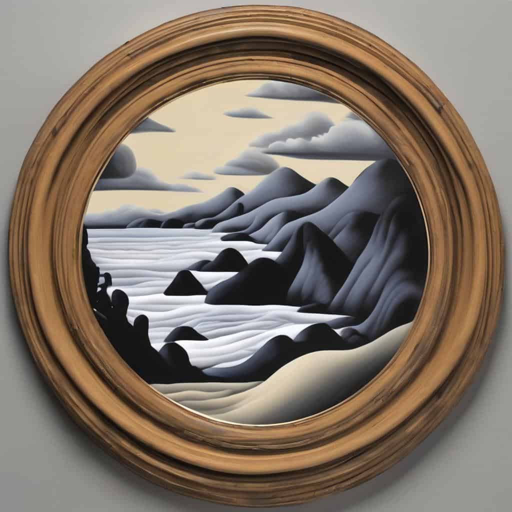 Ομορφιά τοπίου με βουνά και θάλασσα μέσα σε ξύλινο στρογγυλό πλαίσιο.