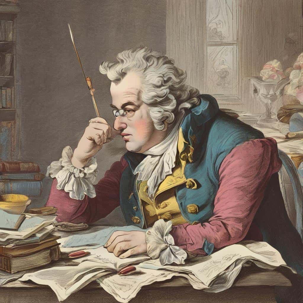 Καλλιτέχνης του 18ου αιώνα εξετάζει τα σχέδιά του με αυστηρό βλέμμα.